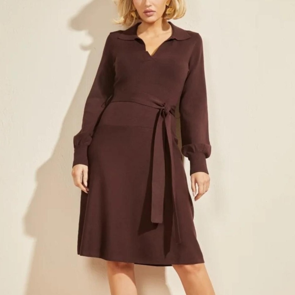 Marciano by Guess Brooklyn Sweater Midi Dress Burgundy V-Neck Belted‎ Size M